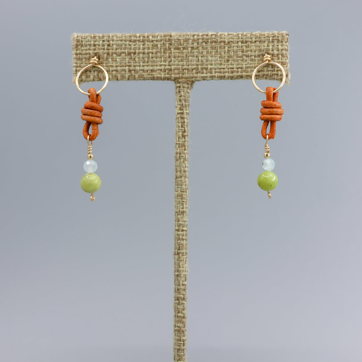 handmade peridot, aquamarine, and leather gold filled earrings