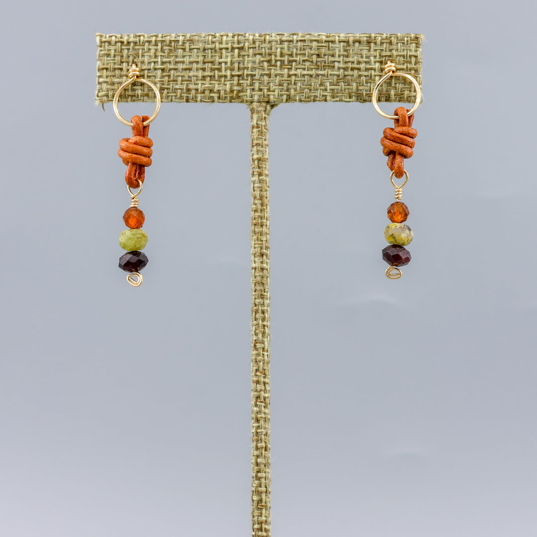 garnet, hessonite, and leather gold fill drop earrings handmade