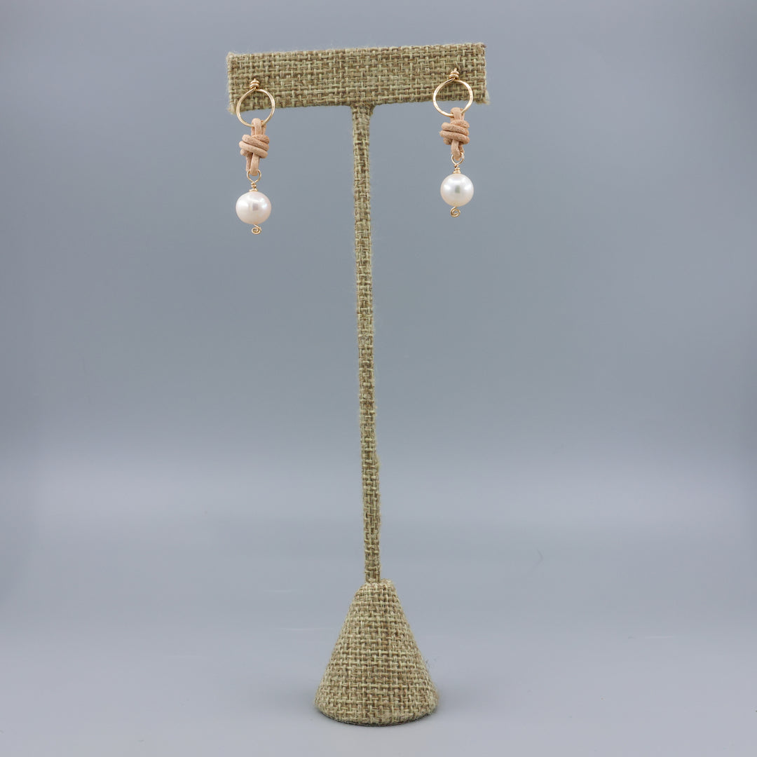 freshwater pearl, leather, and gold fill handmade earrings