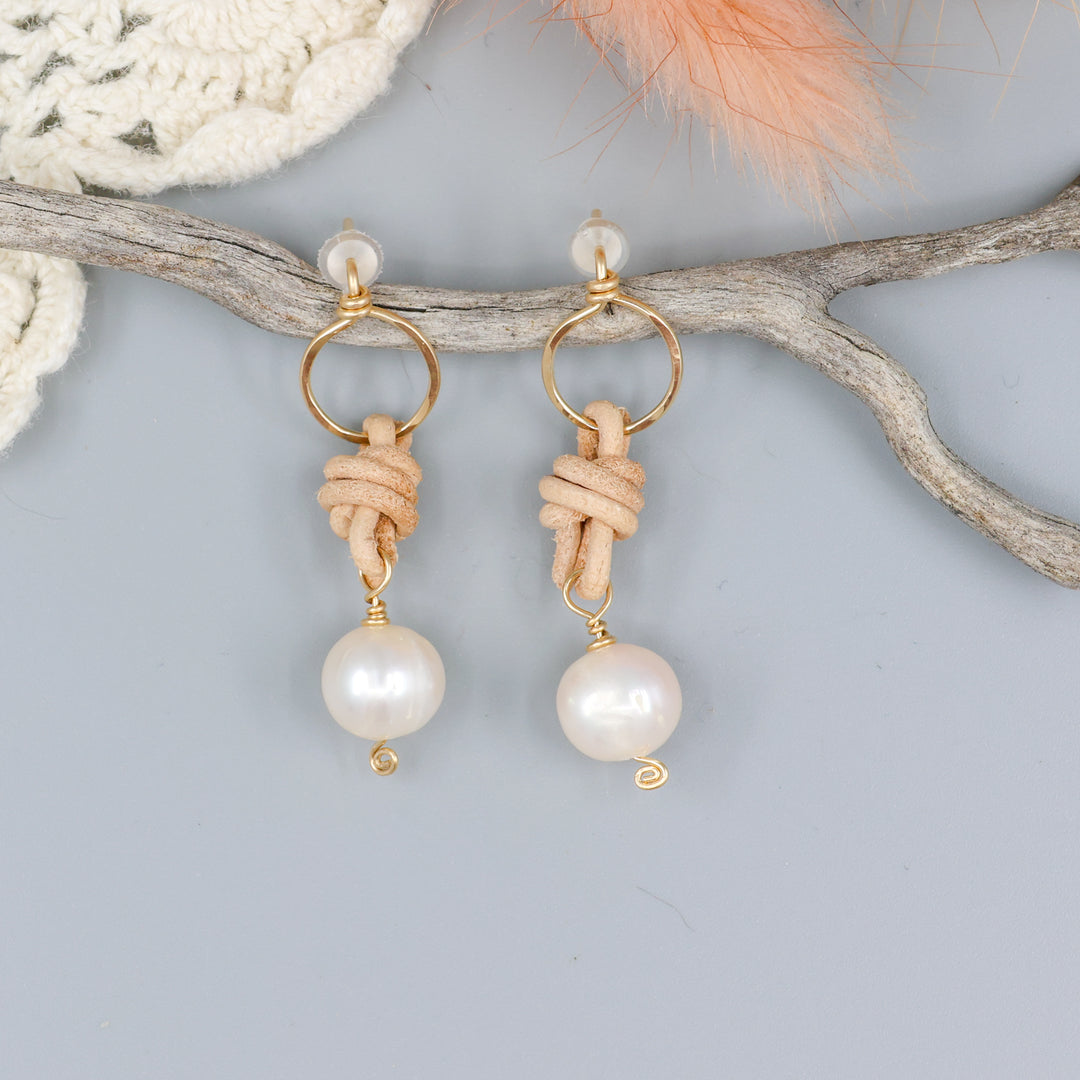 freshwater pearl, leather, and gold fill handmade earrings