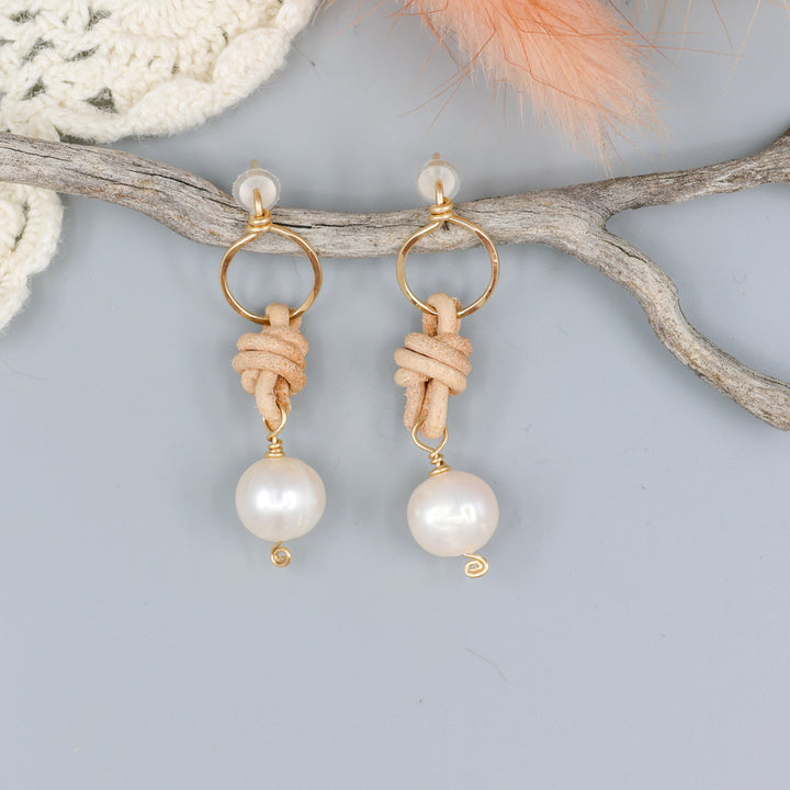 freshwater pearl, leather, and gold fill handmade earrings