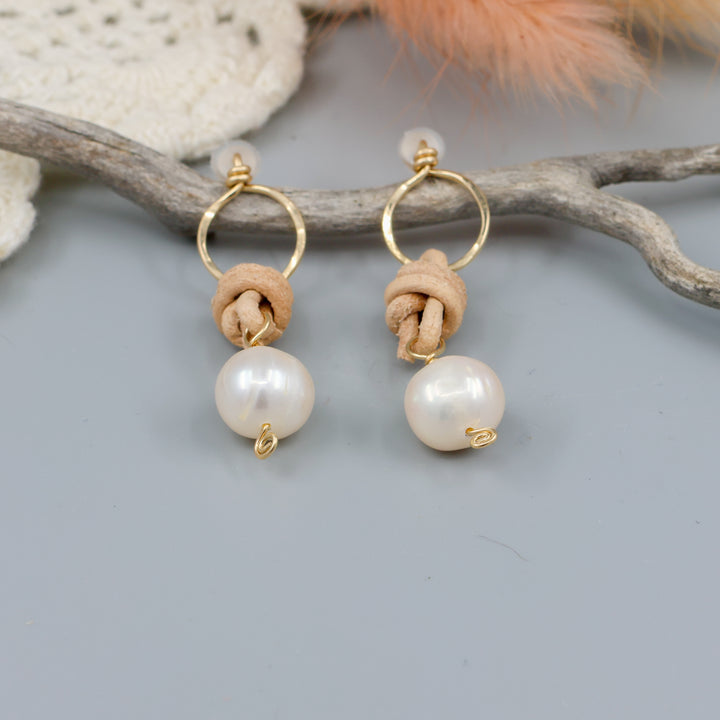freshwater pearl, leather, and gold fill handmade earrings detail view