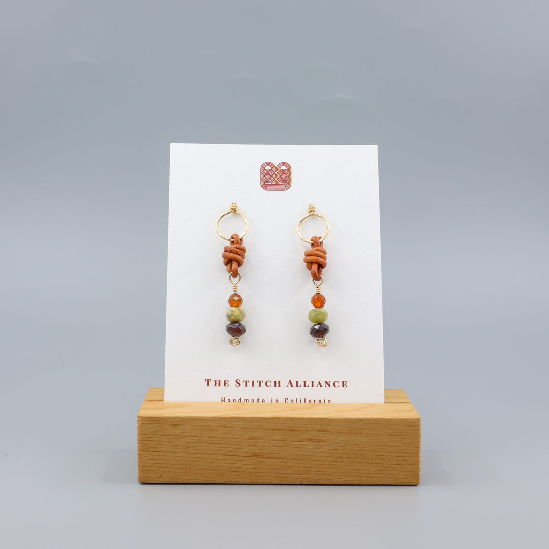 garnet, hessonite, and leather gold fill drop earrings handmade