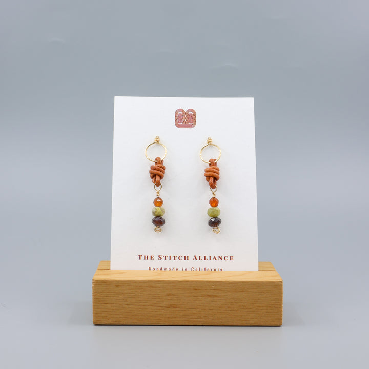 garnet, hessonite, and leather gold fill drop earrings handmade