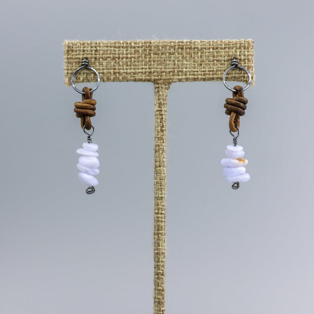 Blue Lace Agate Leather Drop Earrings / Oxidized Sterling