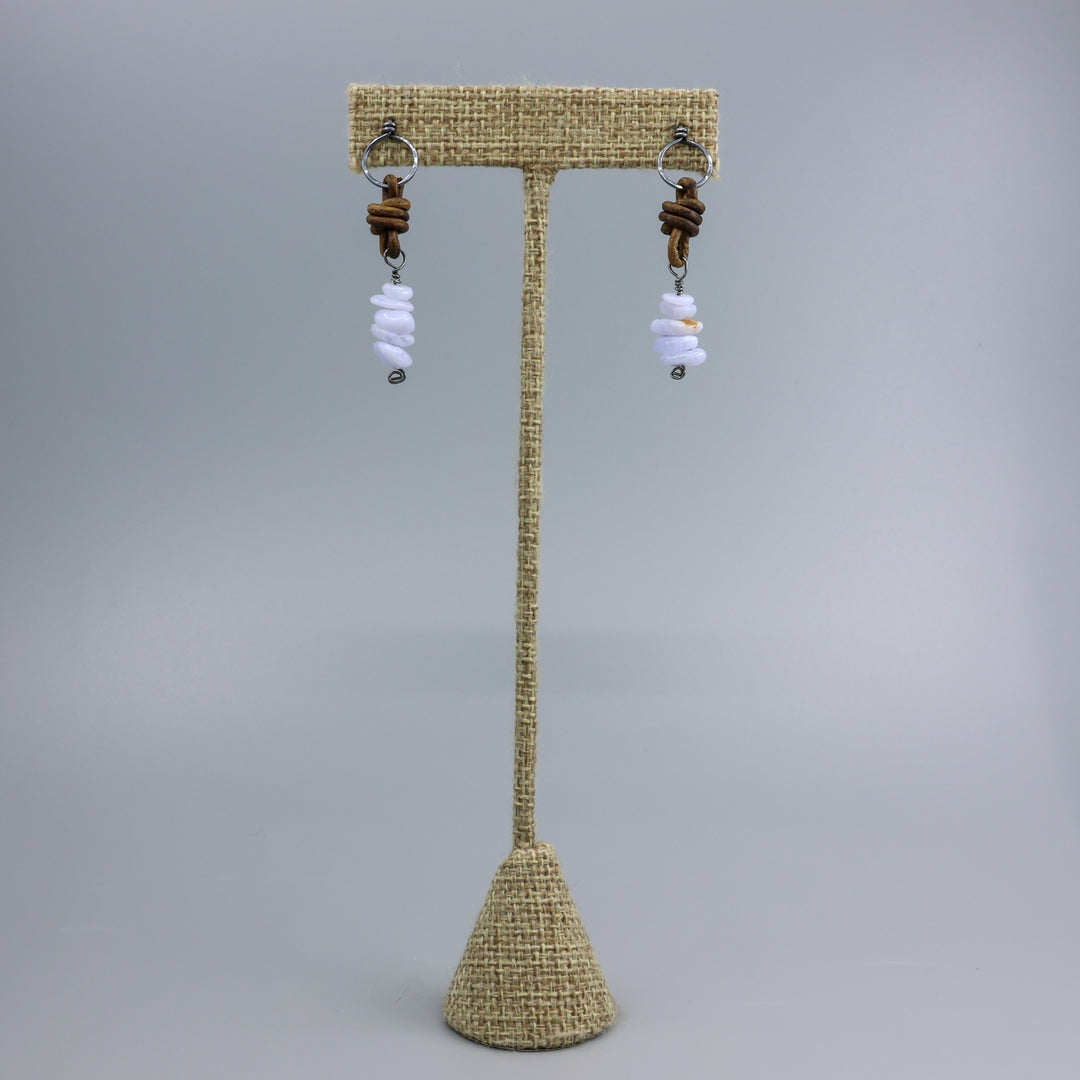 Blue Lace Agate Leather Drop Earrings / Oxidized Sterling
