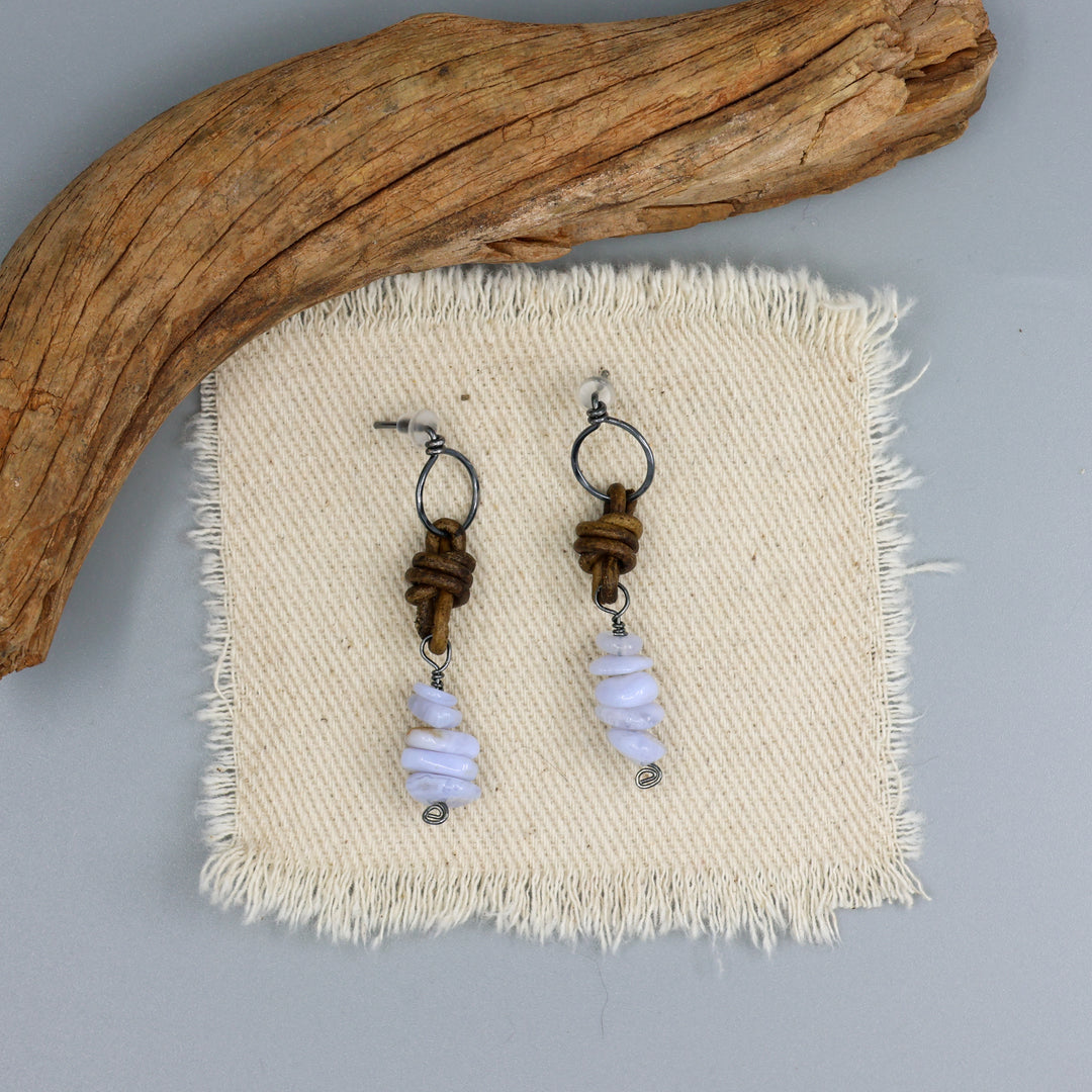 Blue Lace Agate Leather Drop Earrings / Oxidized Sterling