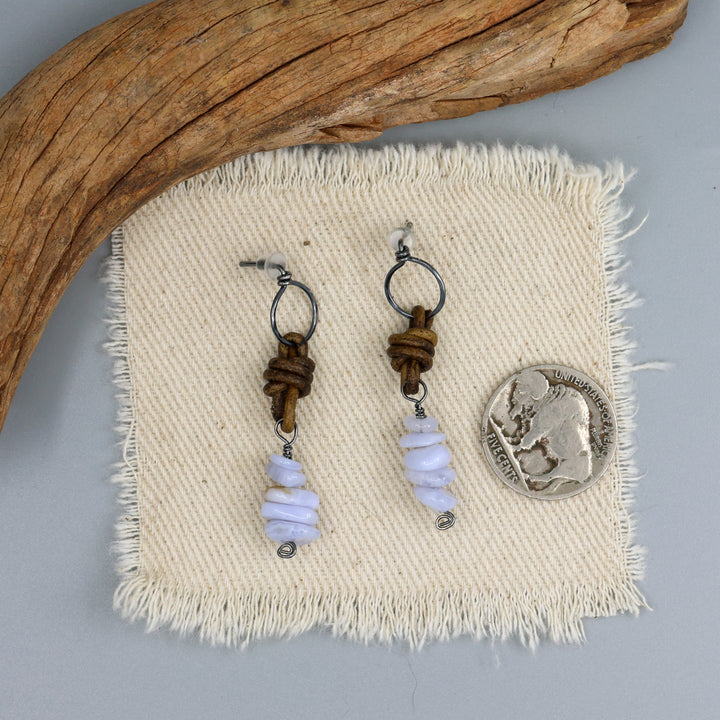 Blue Lace Agate Leather Drop Earrings / Oxidized Sterling