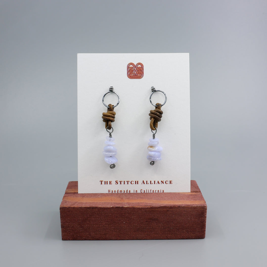 Blue Lace Agate Leather Drop Earrings / Oxidized Sterling