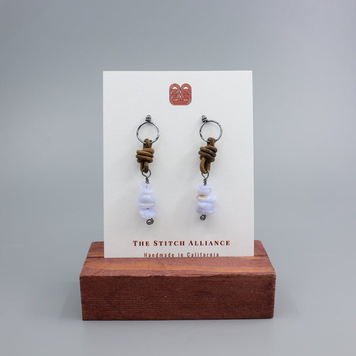 Blue Lace Agate Leather Drop Earrings / Oxidized Sterling