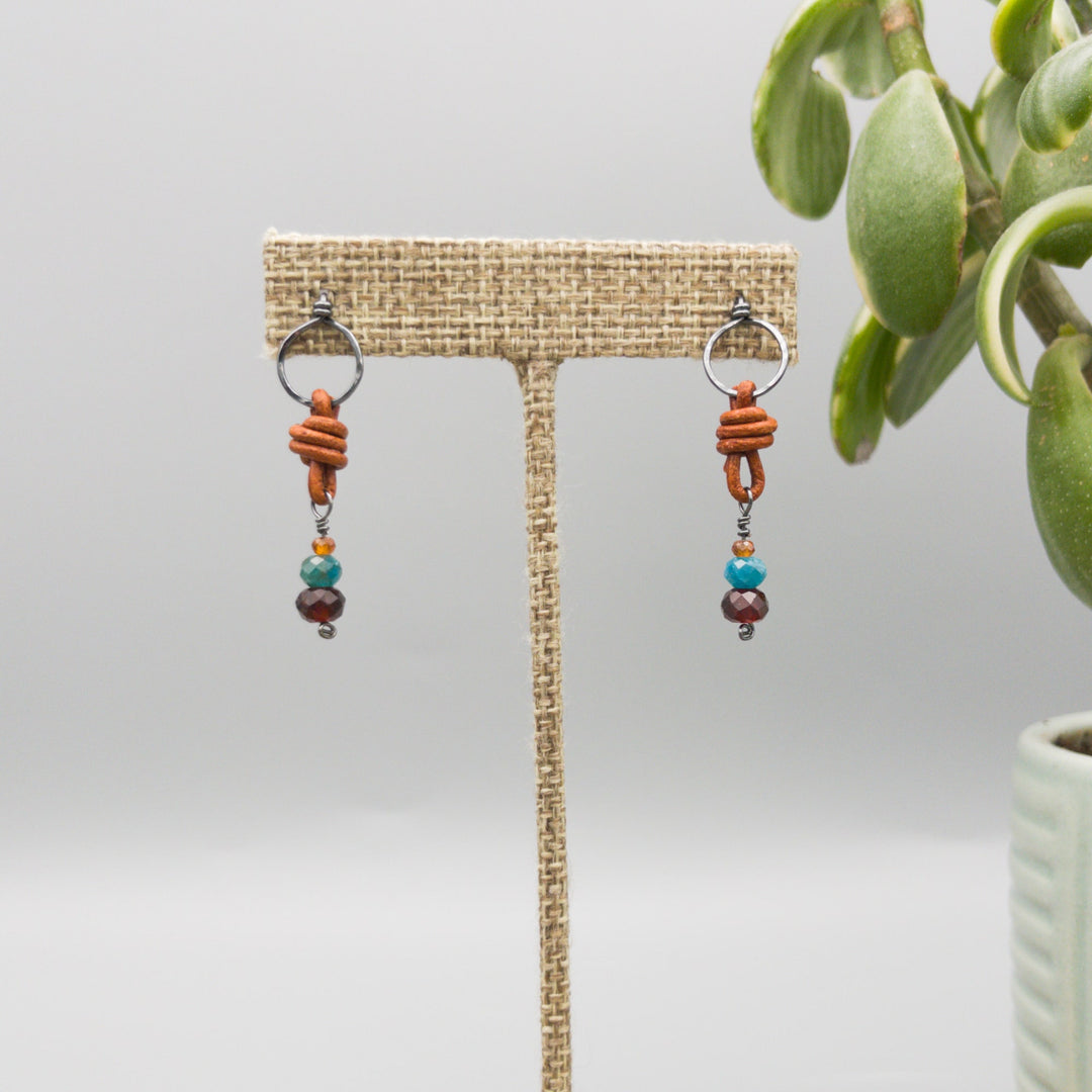 garnet, blue apatite, hessonite bead earrings with leather and oxidized sterling silver