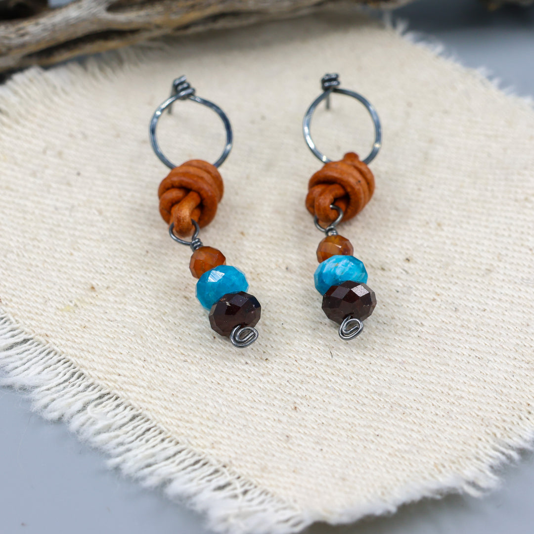 Garnet & Apatite Drop Earrings / Oxidized Sterling Silver