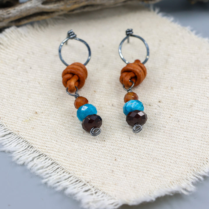 Garnet & Apatite Drop Earrings / Oxidized Sterling Silver