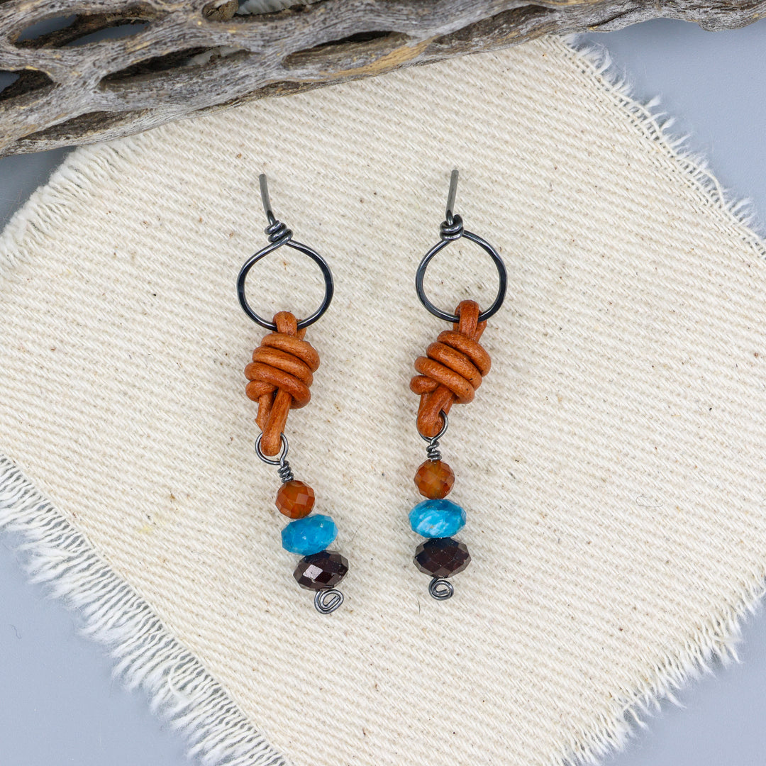 oxidized sterling, leather, garnet, apatite and hessonite handmade earrings
