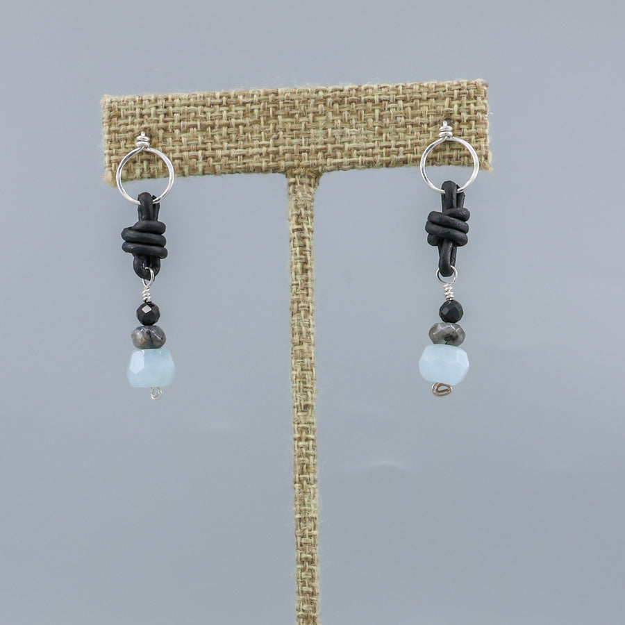 handmade aquamarine, larvakite, and black spinel leather & sterling silver earrings