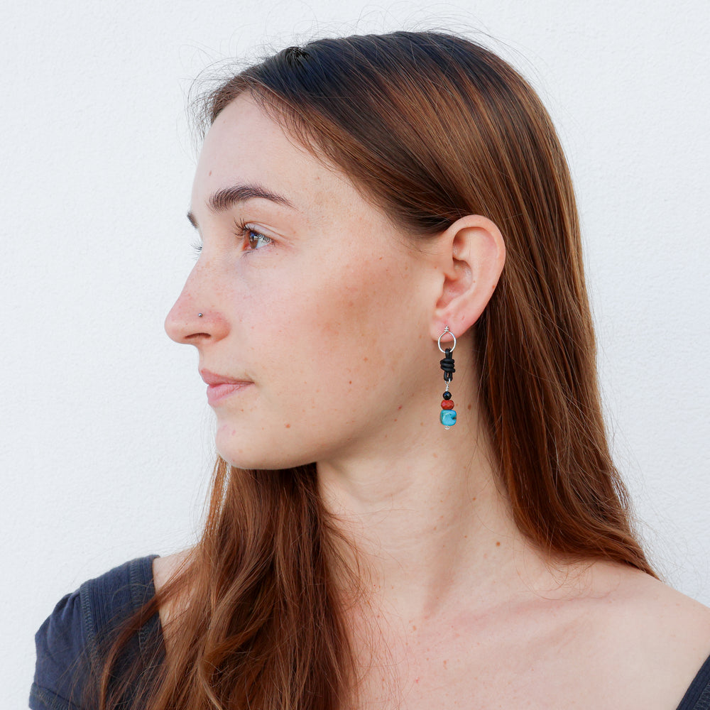 turquoise, jasper, and black spinel leather drop earrings