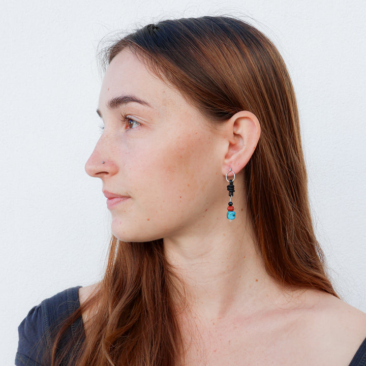 turquoise, jasper, and black spinel leather drop earrings