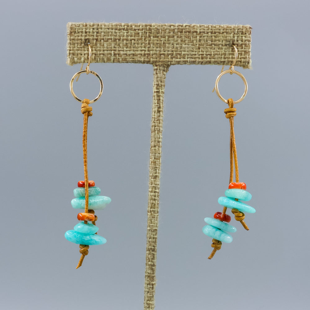 handmade gold fill and leather fringe earrings with amazonite and spiny oyster beads