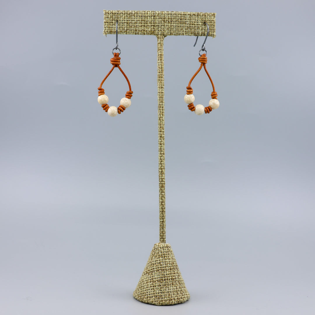 Leather & River Stone Barrel Knot Hoop Earrings - Oxidized Sterling