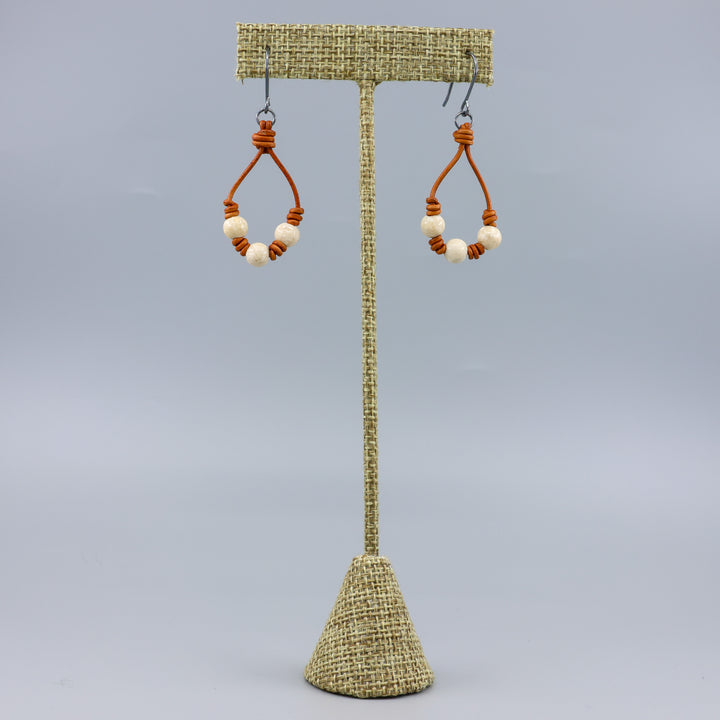 Leather & River Stone Barrel Knot Hoop Earrings - Oxidized Sterling
