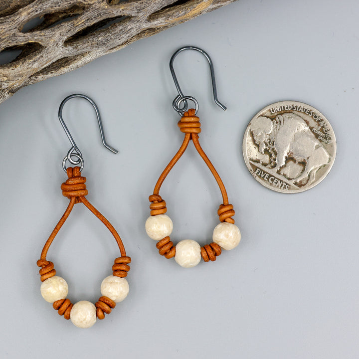 Leather & River Stone Barrel Knot Hoop Earrings - Oxidized Sterling