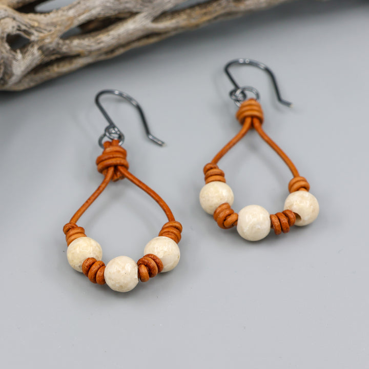 Leather & River Stone Barrel Knot Hoop Earrings - Oxidized Sterling