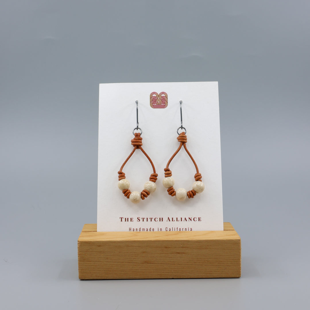 Leather & River Stone Barrel Knot Hoop Earrings - Oxidized Sterling