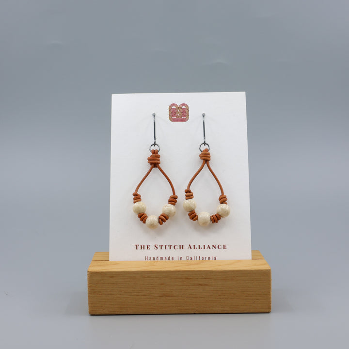 Leather & River Stone Barrel Knot Hoop Earrings - Oxidized Sterling