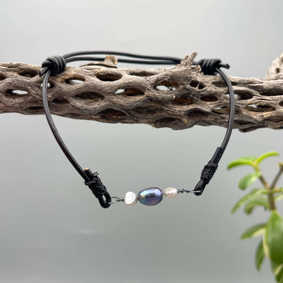 Freshwater pearl anklet, sterling silver, black leather