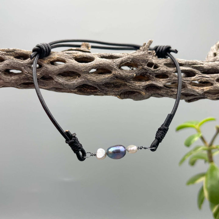 Freshwater pearl anklet, sterling silver, black leather