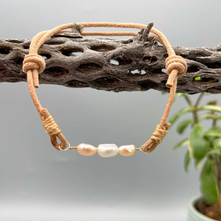 Freshwater pearl, 14k gold fill, and leather anklet