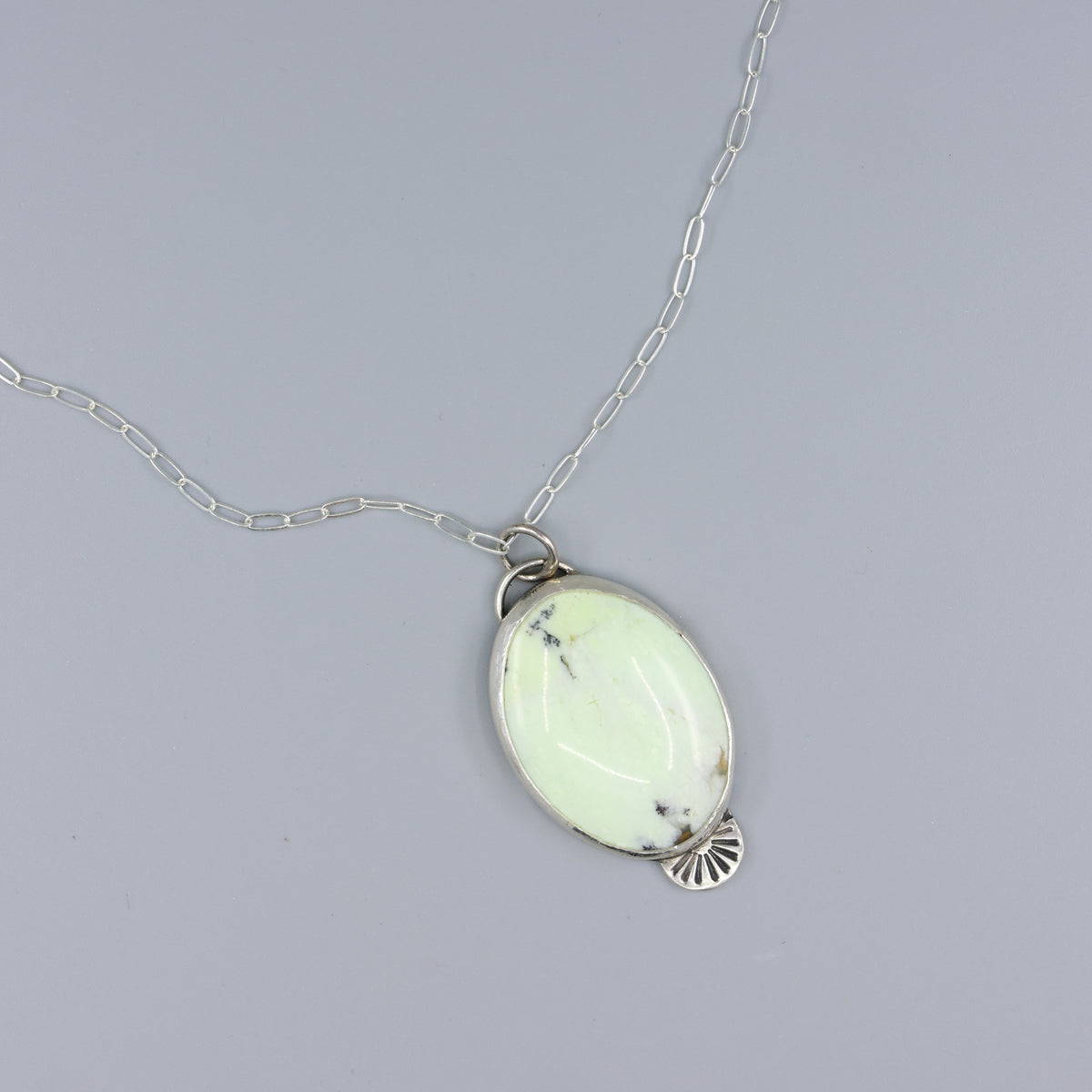 Lemon chyrsoprase sterling silver one of a kind necklace overhead view