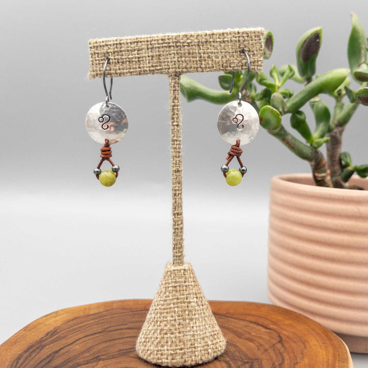 Leo sign stamped sterling silver earrings with periodot beads