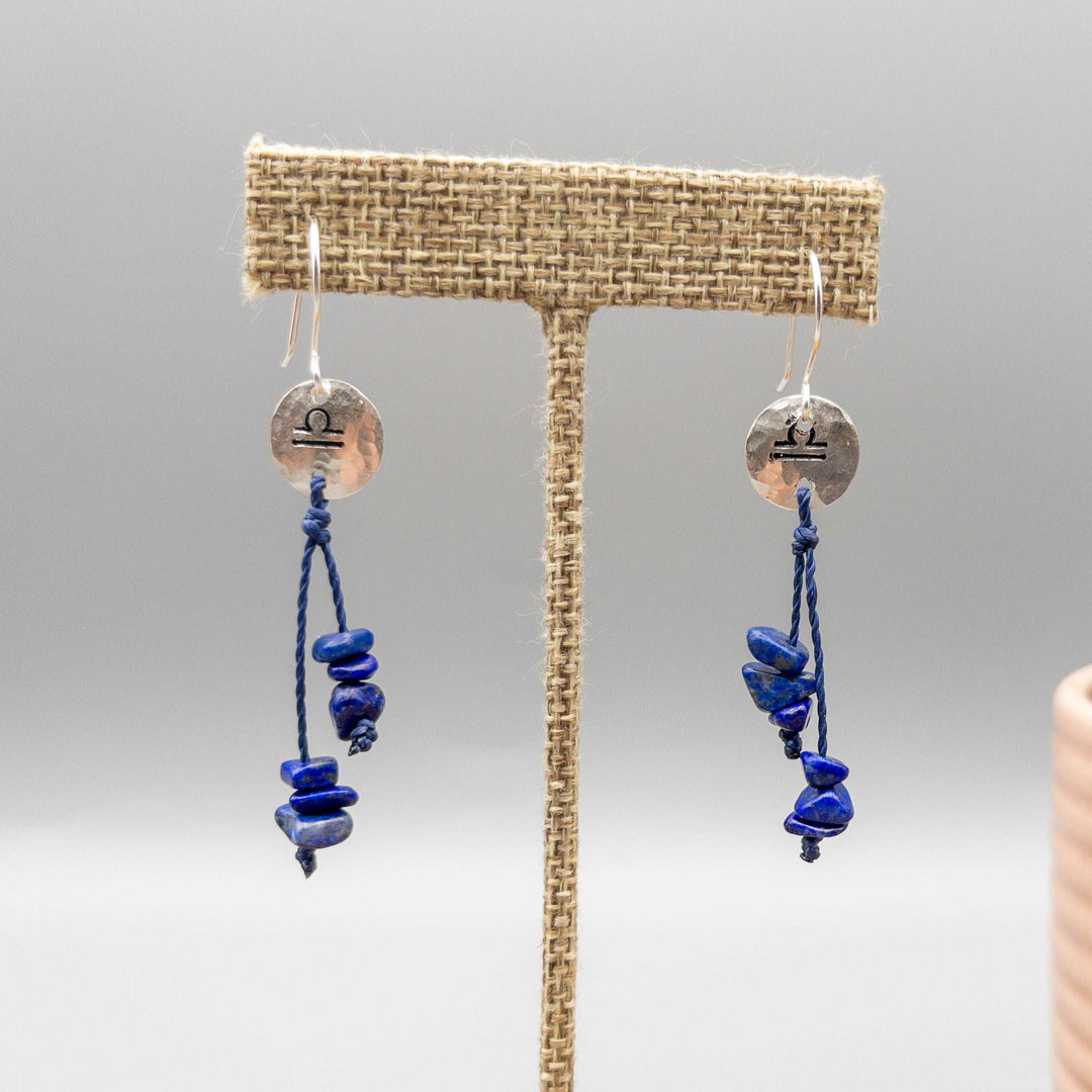 Libra zodiac earrings hand stamped sterling silver with lapis lazuli beads