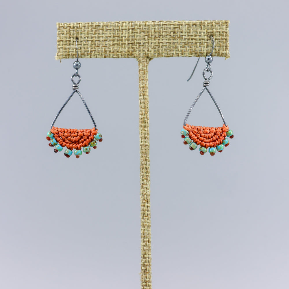 handmade terracotta and turquoise oxidized sterling silver triangle hoop earrings