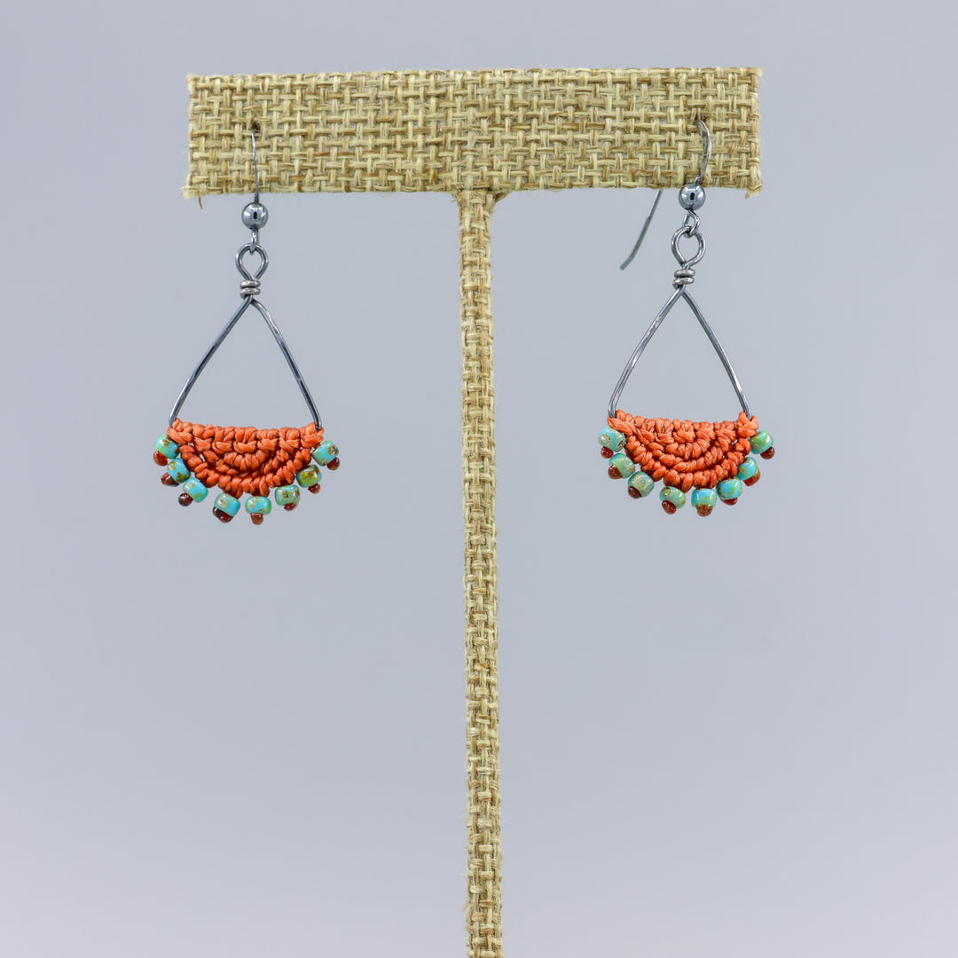 handmade terracotta and turquoise oxidized sterling silver triangle hoop earrings