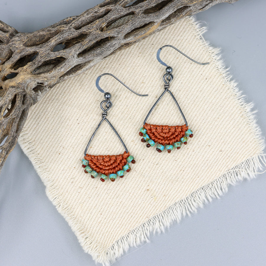 terracotta and turquoise oxidized sterling silver triangle hoop earrings