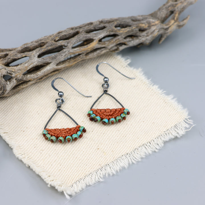 Luna Triangle Hoop Macrame Earrings Terracotta - Oxidized Sterling