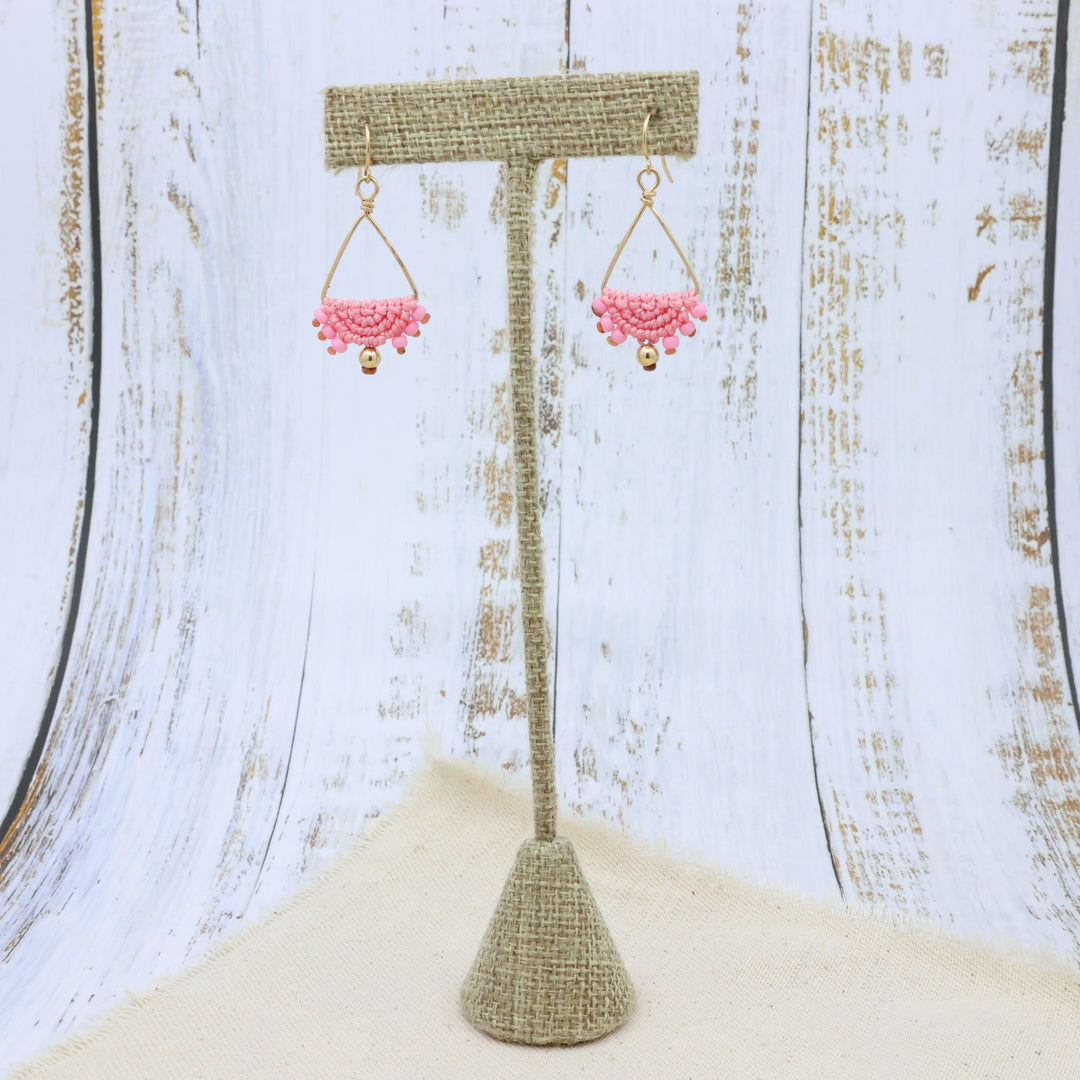 handmade pink macrame triangle earrings in gold fill