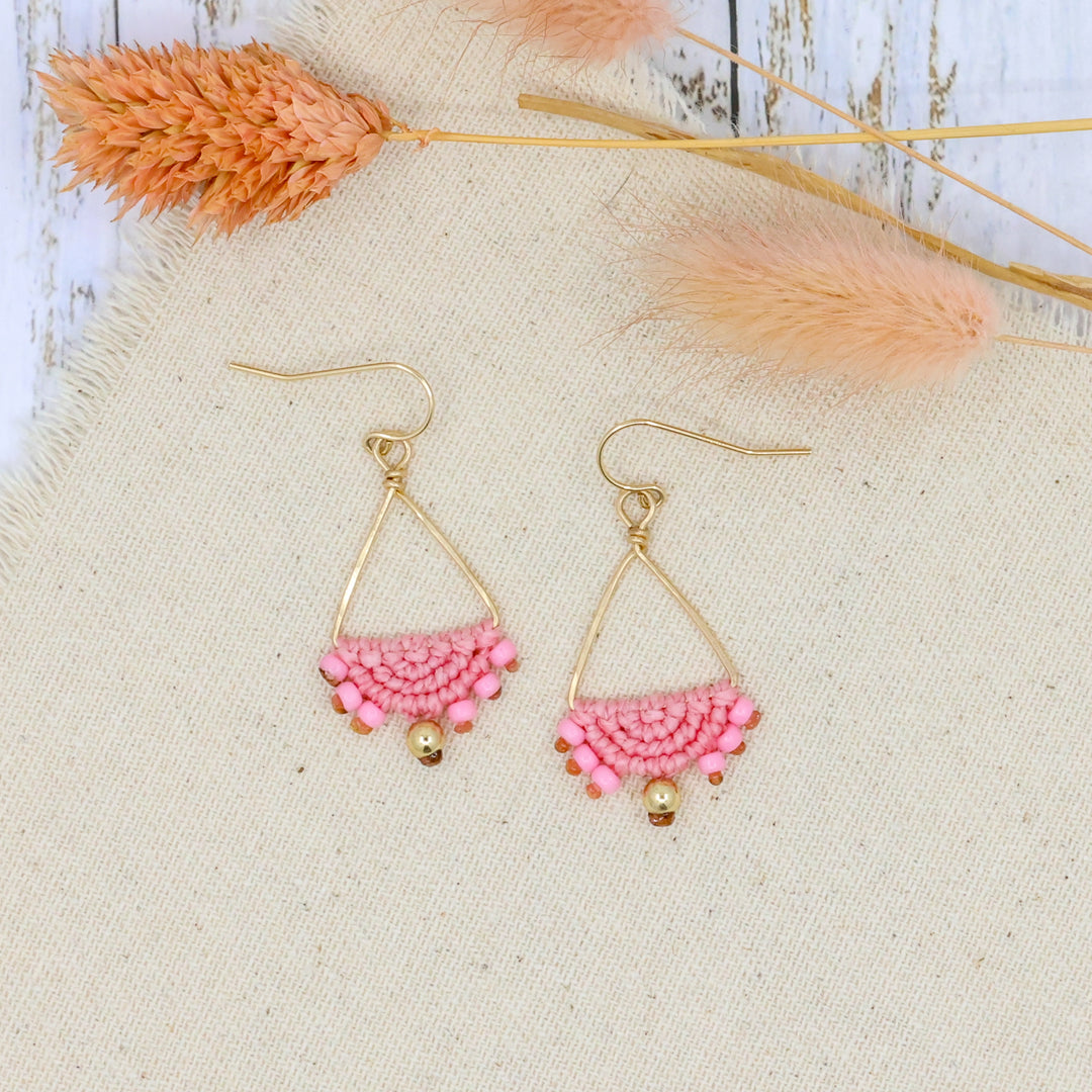 pink macrame triangle earrings in gold fill