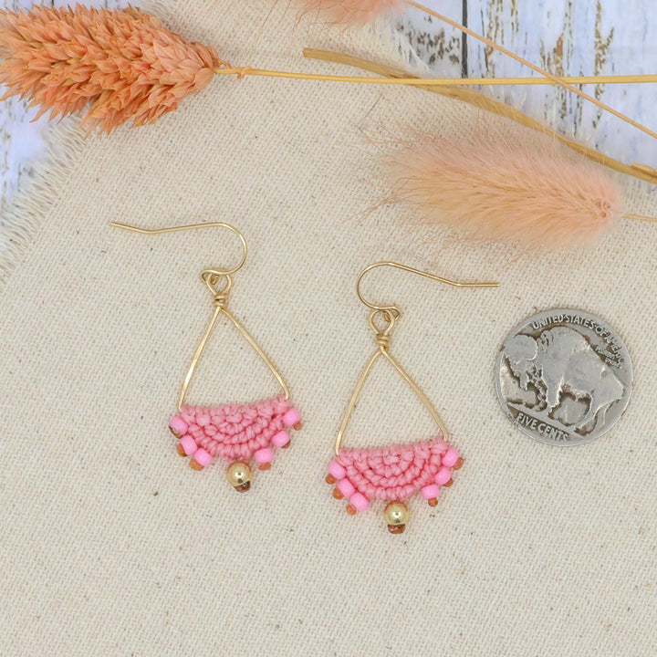 pink macrame triangle hoop earrings in gold fill 