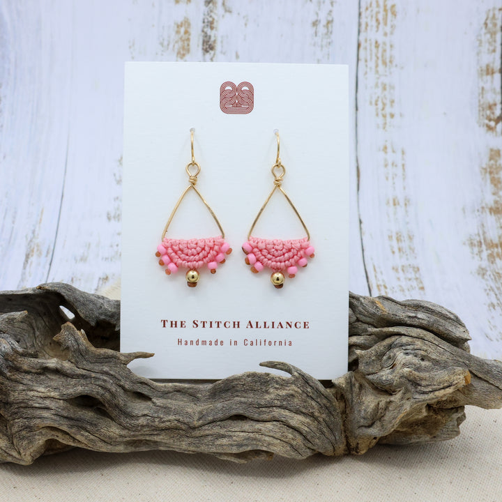 barbie pink macrame triangle hoop earrings in gold fill