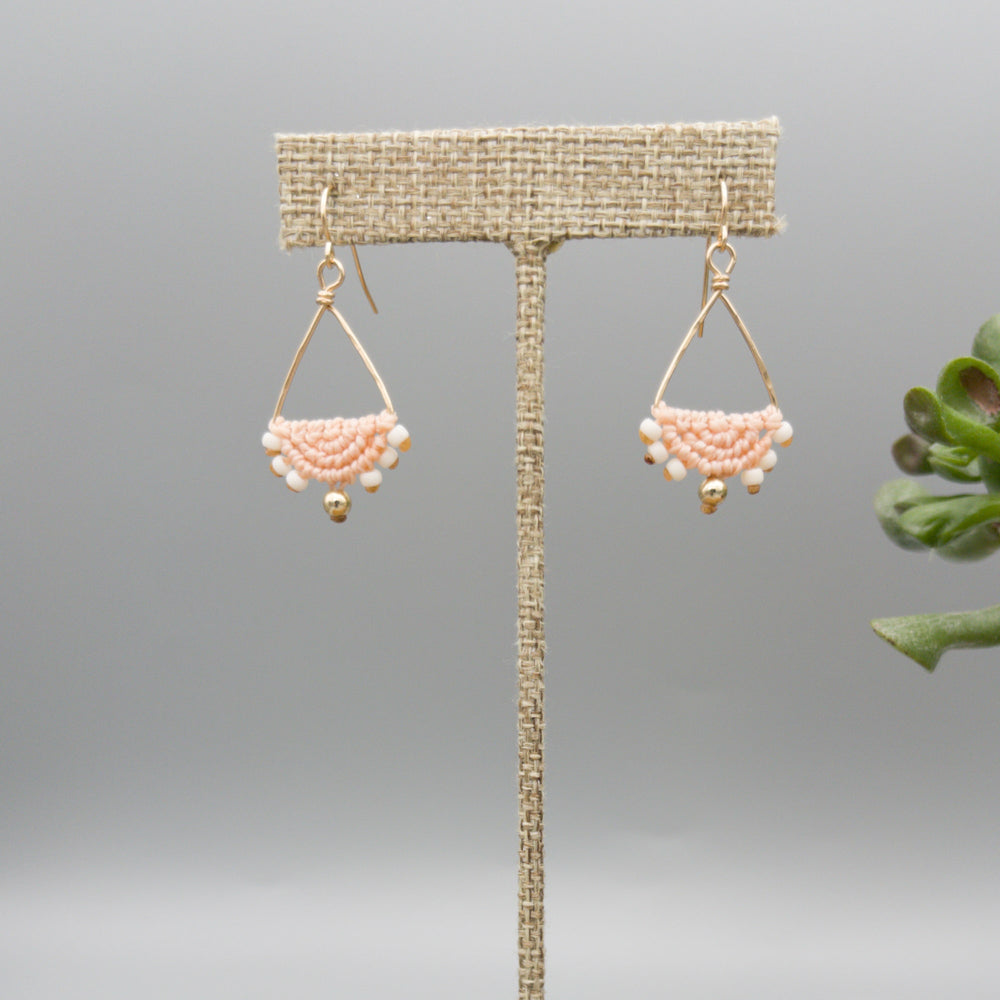 handmade triangle hoop peach macrame earrings gold fill 