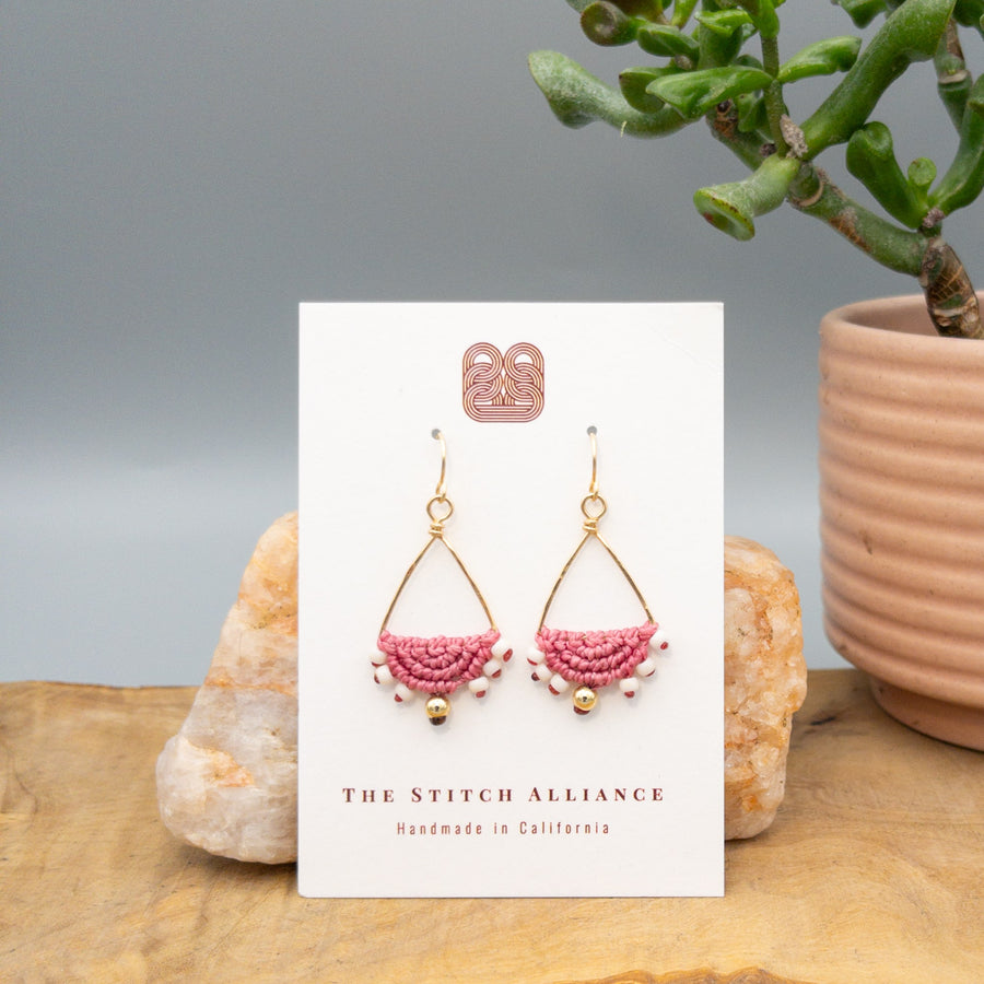 pink macrame triangle hoop earrings in gold fill on white card
