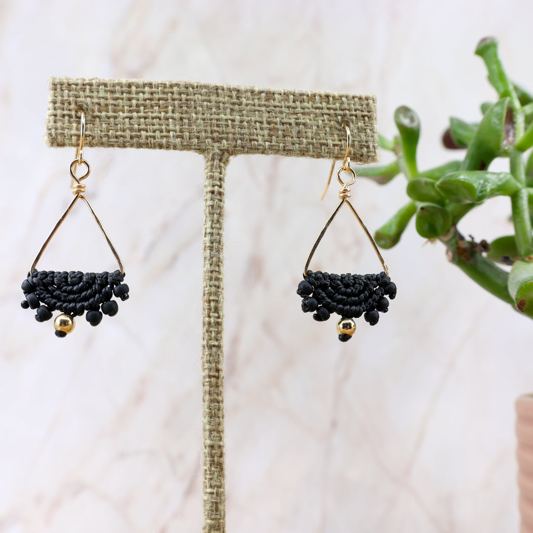 triangle hoop macrame earrings gold fill, black