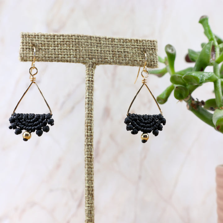 triangle hoop macrame earrings gold fill, black