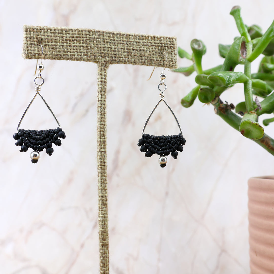 handmade sterling silver triangle hoop earrings with black macrame