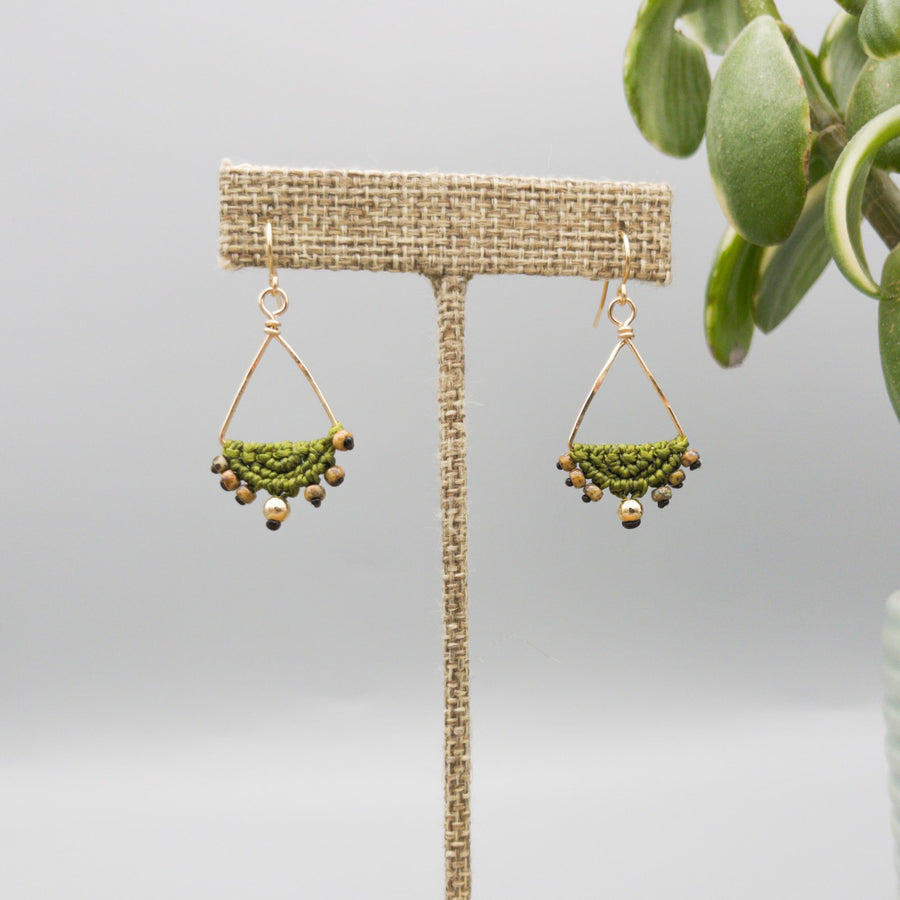 gold fill triangle hoop macrame earrings in olive green