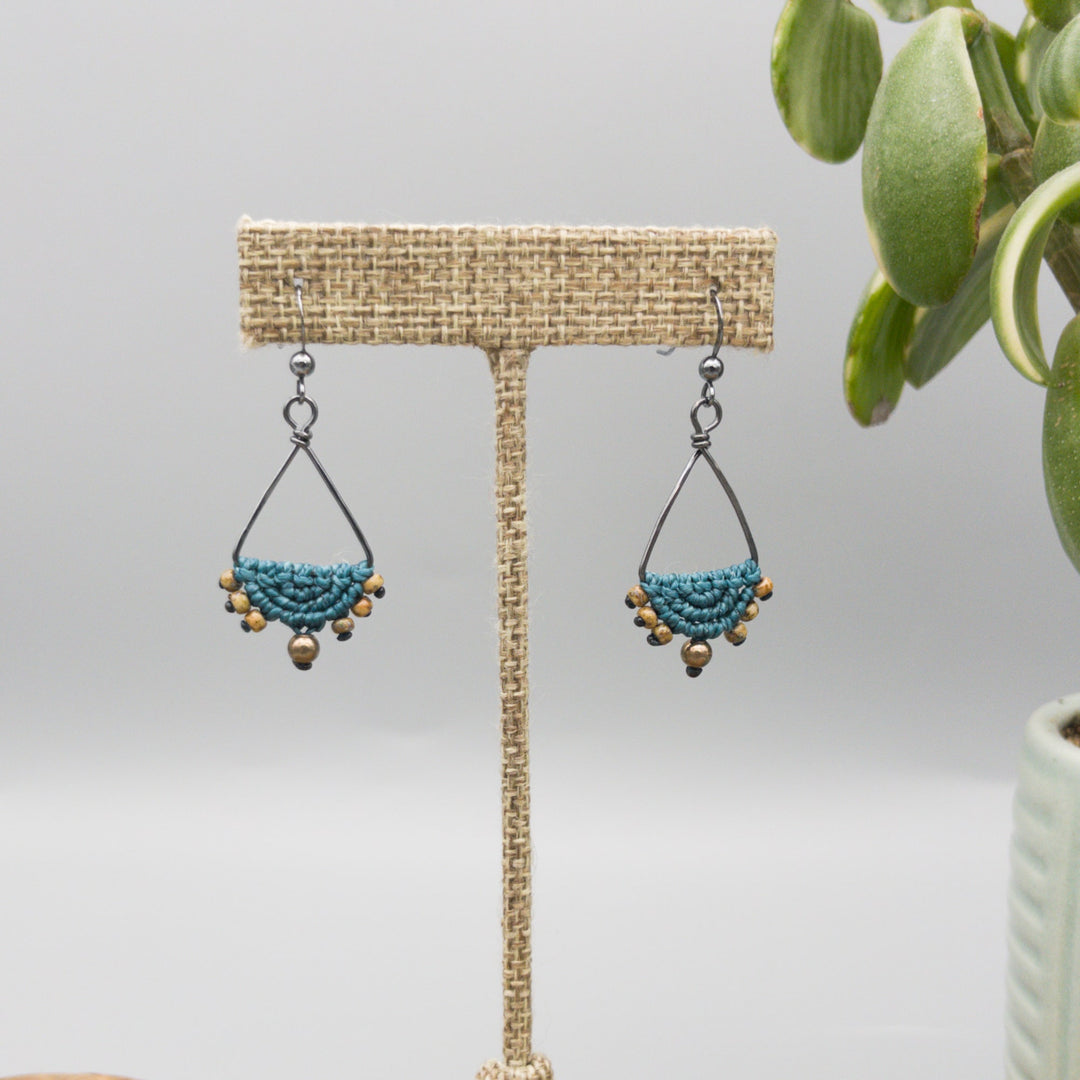 teal macrame triangle hoop earrings in oxidized sterling silver