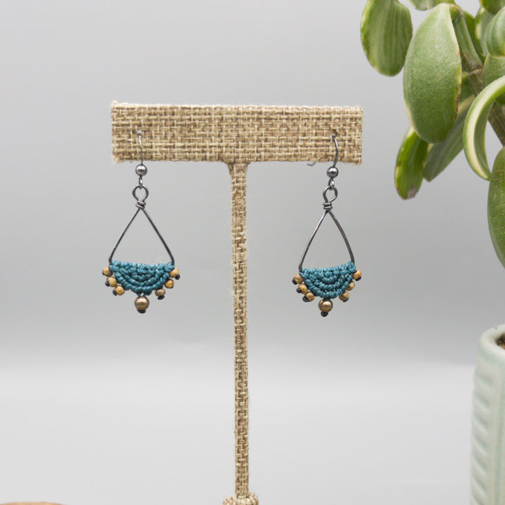 teal macrame triangle hoop earrings in oxidized sterling silver